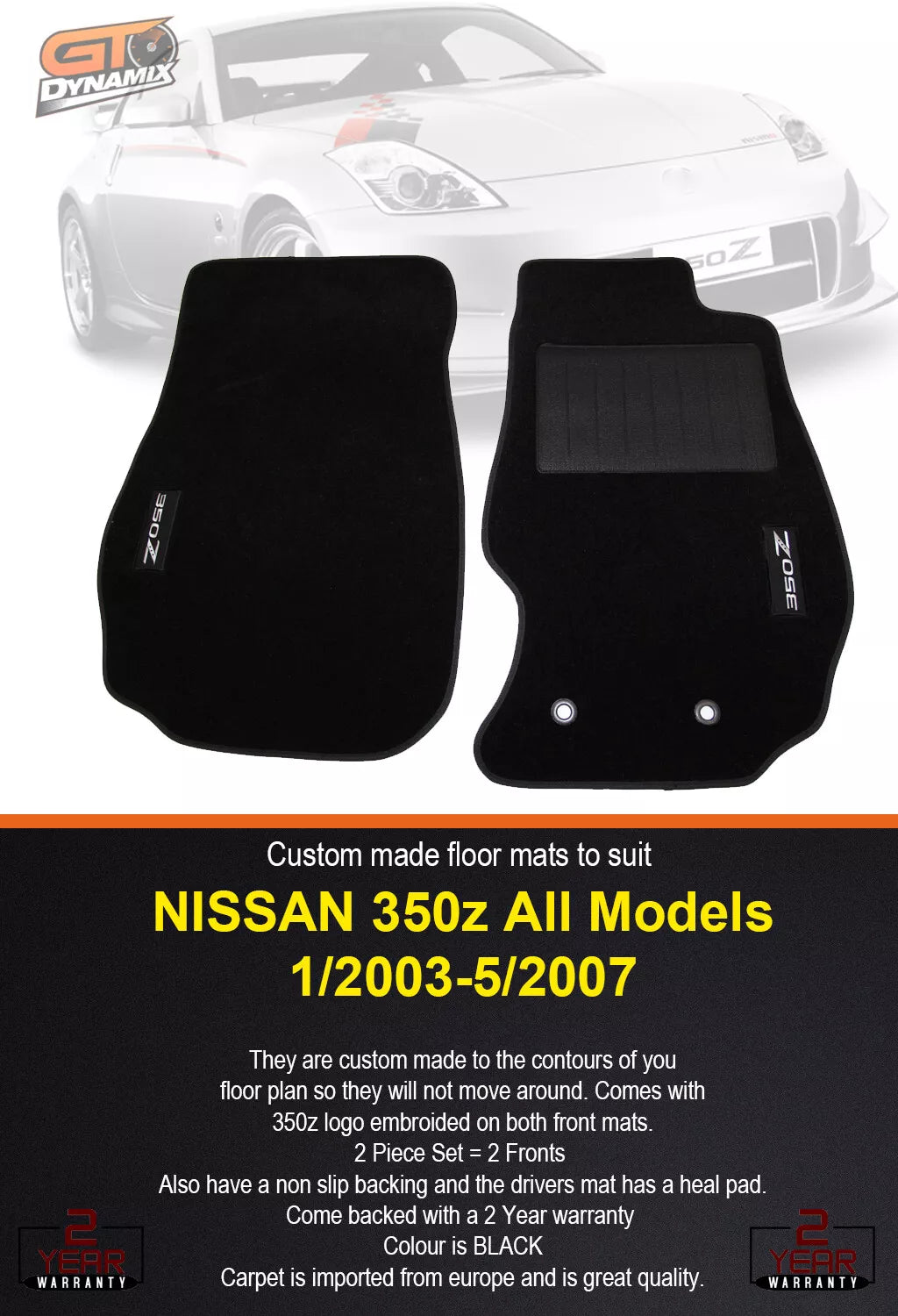 Custom Made Floor Mats SET of 2 FRONT For Nissan 350Z with 350Z Logo 2003-5/2007 Black