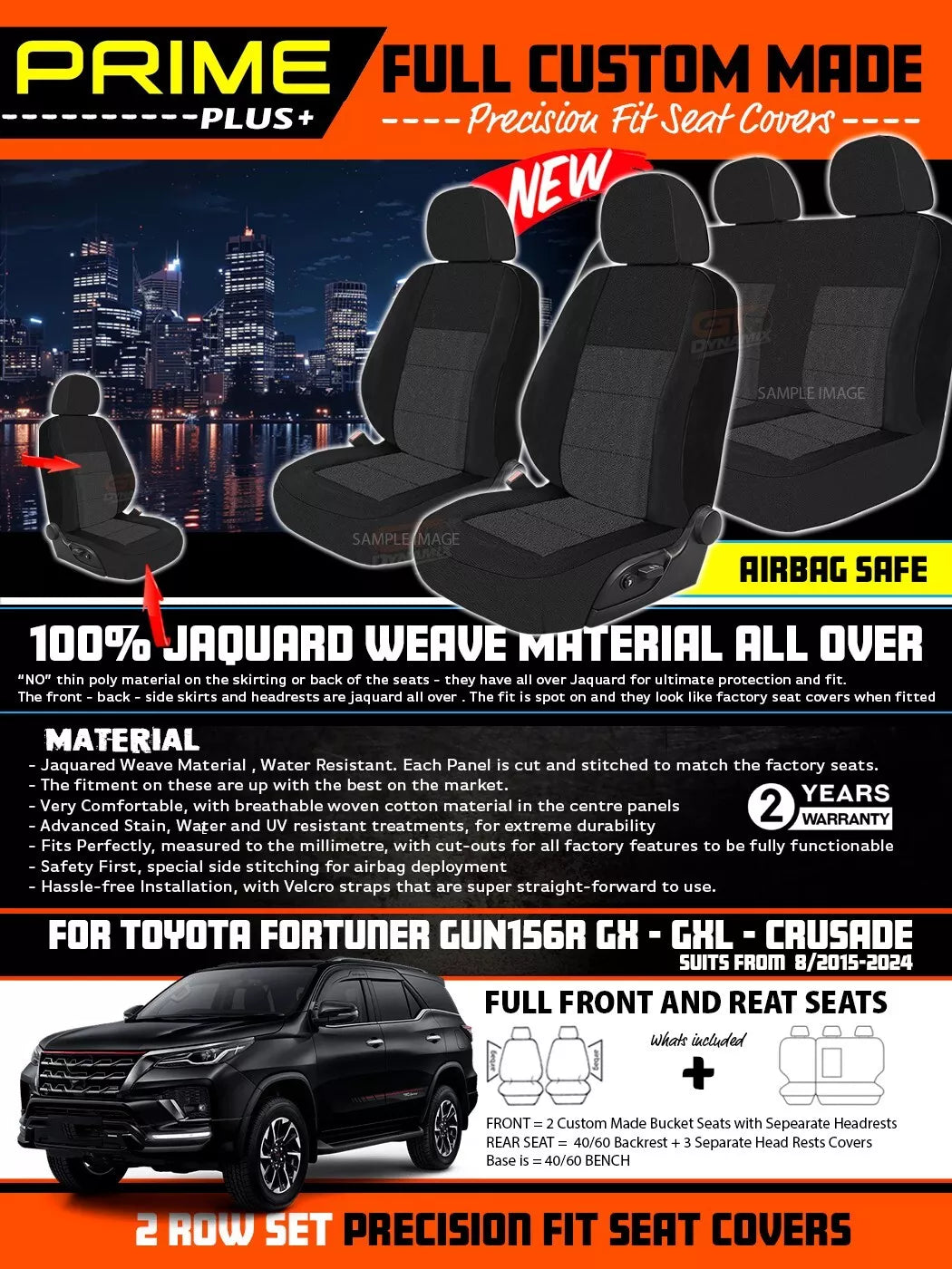 PRIME PLUS Seat Covers 2 Rows Black For Toyota Fortuner GX GXL CRUSADE 2015-2025