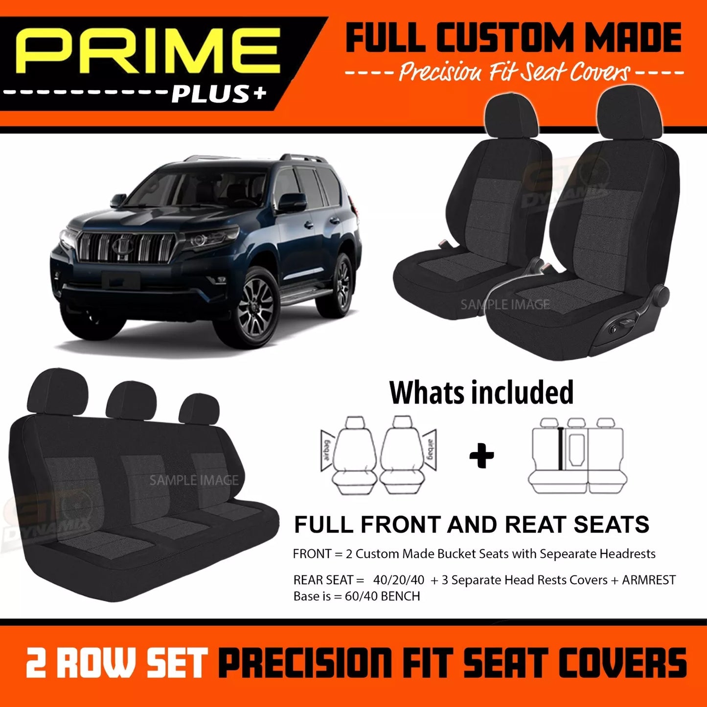 PRIME PLUS Seat Covers 2 Rows Black For Toyota Prado 150 Series GXL GX VX 7/2021-2025