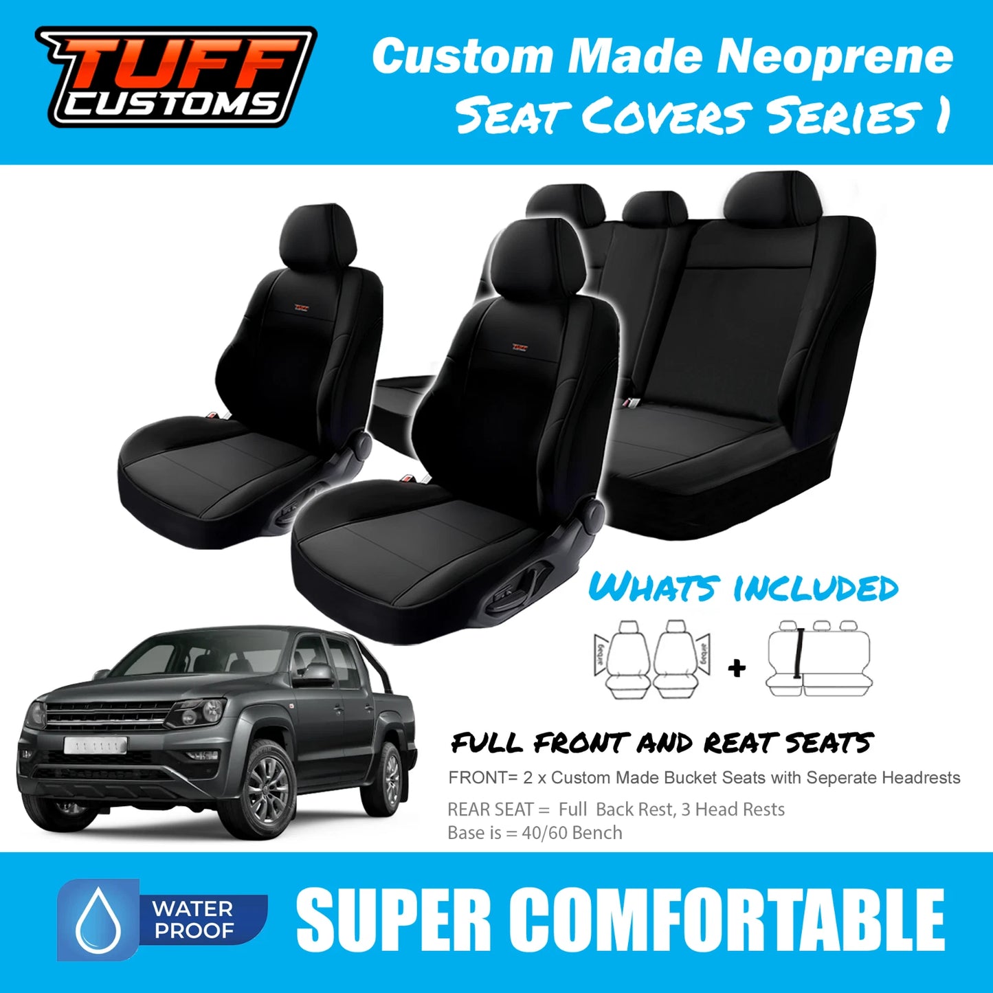 TUFF Customs S1 Neoprene Seat Covers 2 Rows For Volkswagen Amarok 2H Core Highline 6/2010-11/2022