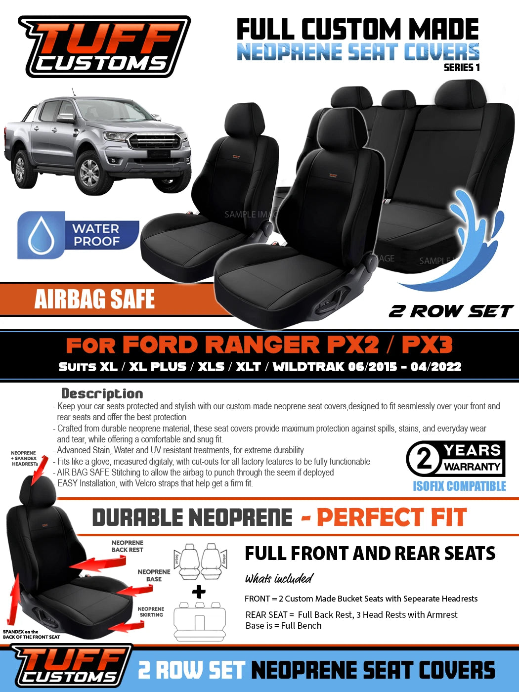TUFF Customs S1 Neoprene Seat Covers 2 Rows For Ford RANGER PX2 PX3 XLT SPORT Wildtrack 2015-2022