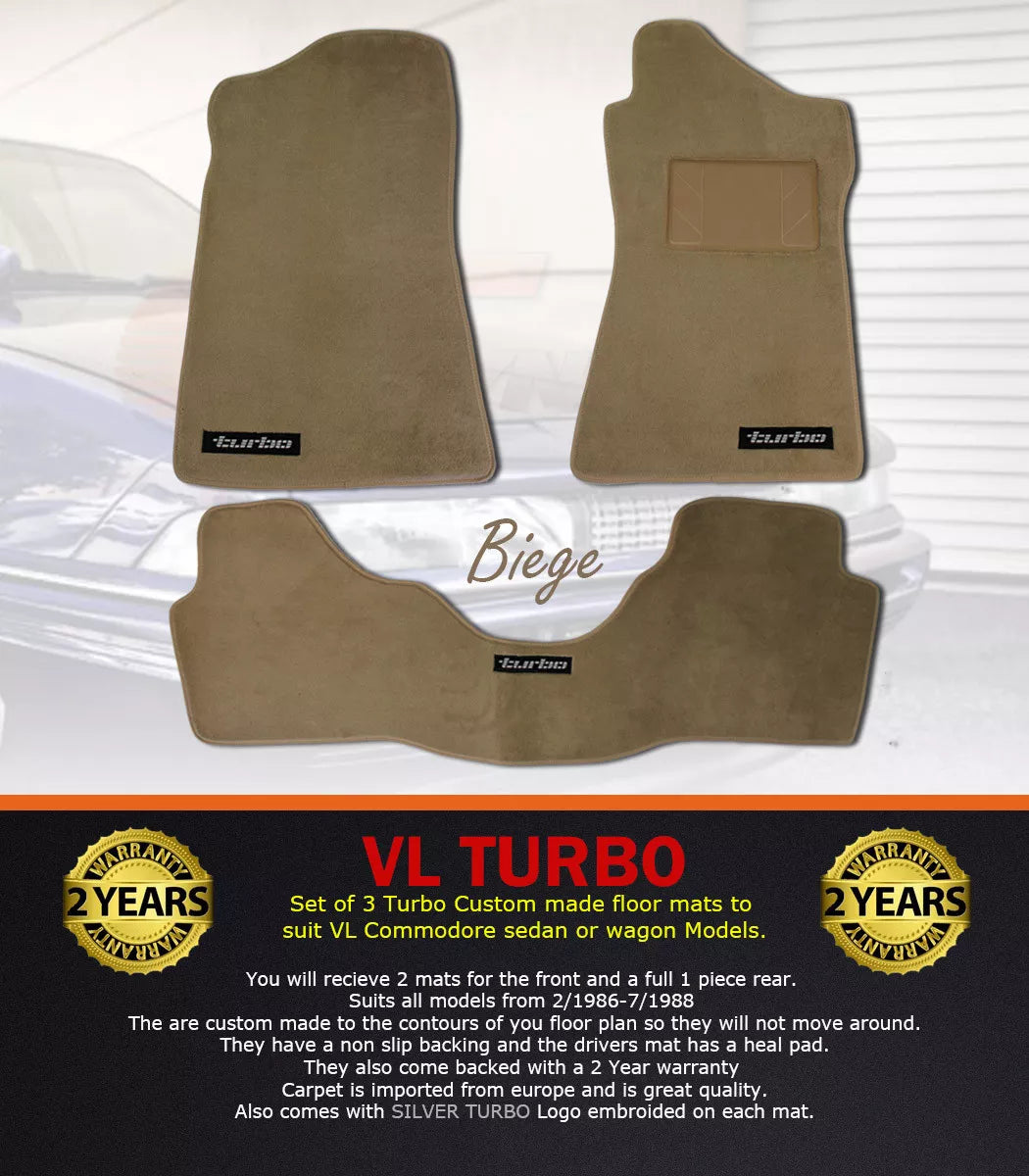 Custom Made Floor Mats Set of 3 Beige with Silver badge VL TURBO Calais BT1 Berlina