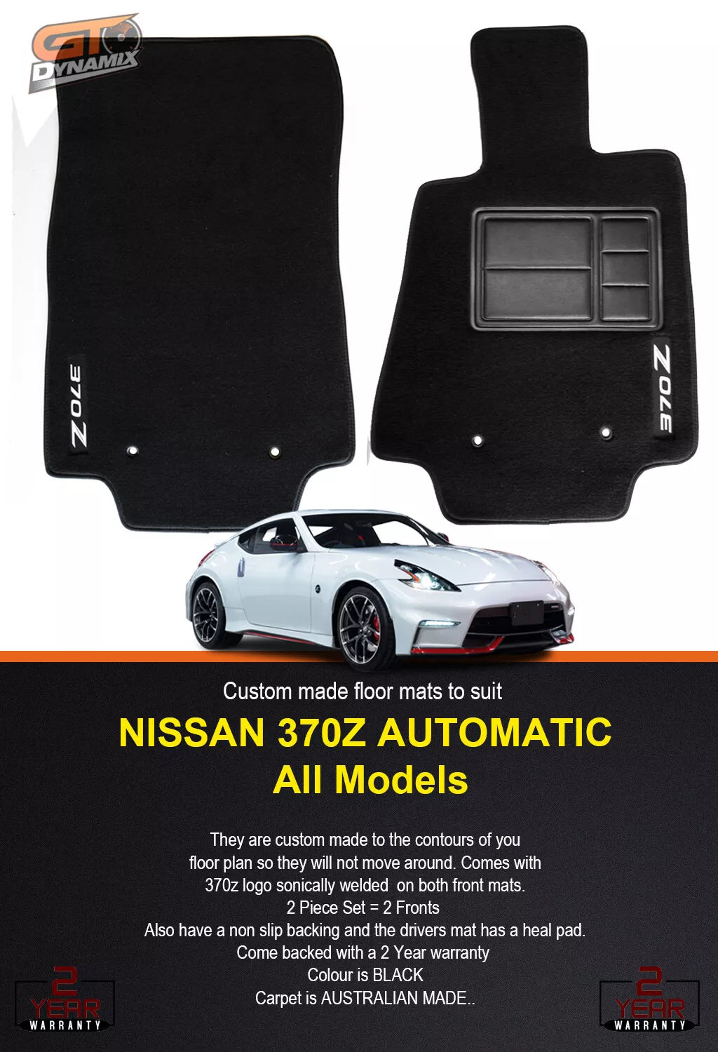 Custom Made Floor Mats Set of 2 FRONT For Nissan 370Z AUTO 2009-2025 w/ Logo BLACK