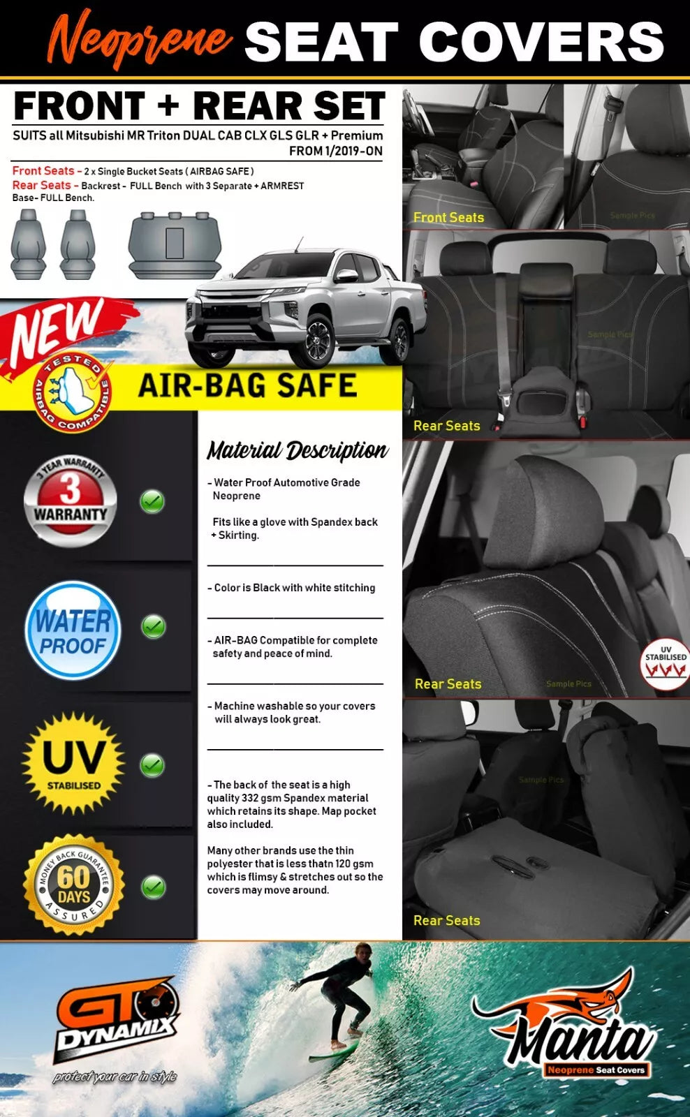 Manta Neoprene 2 Rows Seat Covers For Mitsubishi Triton MR DUAL CAB GLX GLR 2019-2025