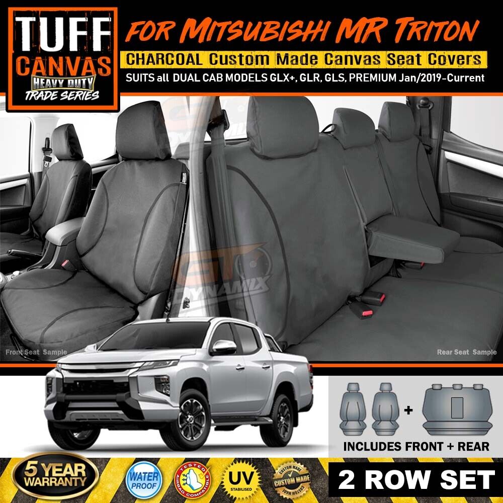 Tuff HD TRADE Canvas Seat Covers 2 Rows + Dash Mat For Mitsubishi Triton MR Dual Cab 1/2019-2023 Charcoal