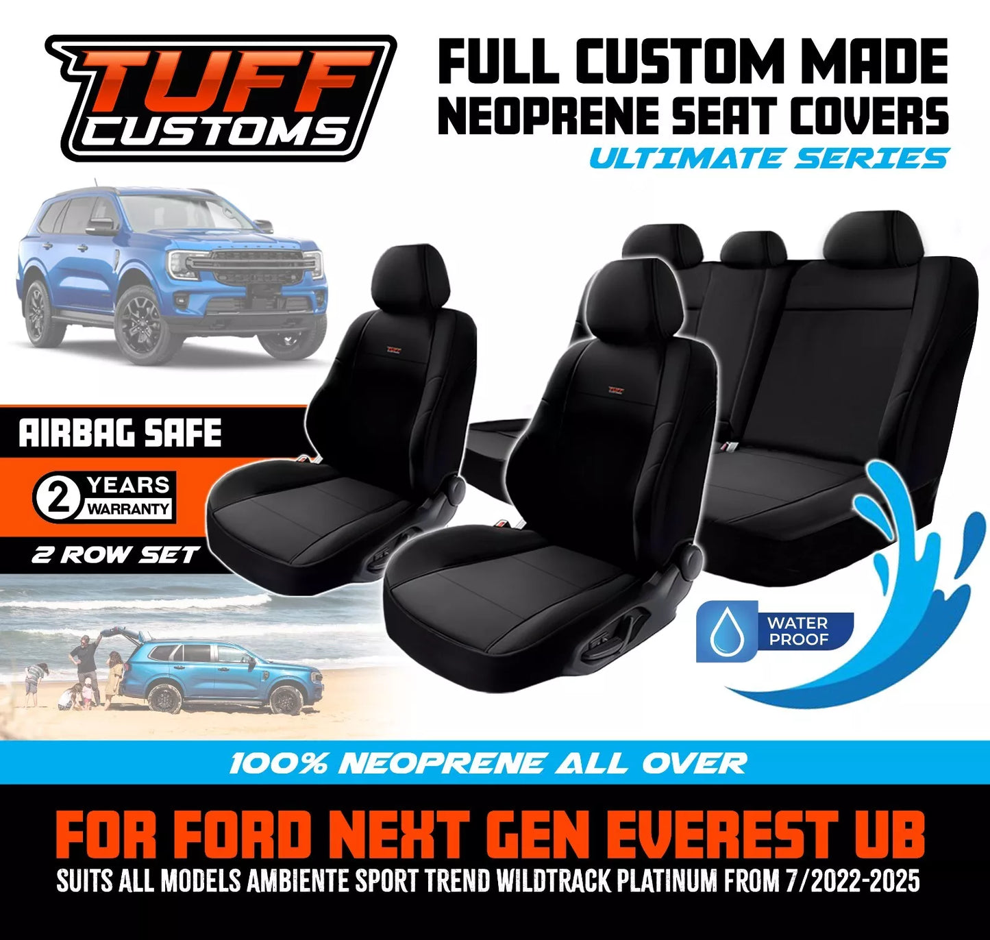 Tuff Customs Neoprene Seat Covers 2 Rows For Ford NEXT GEN EVEREST Platinum Ambiente 5/2022-2025