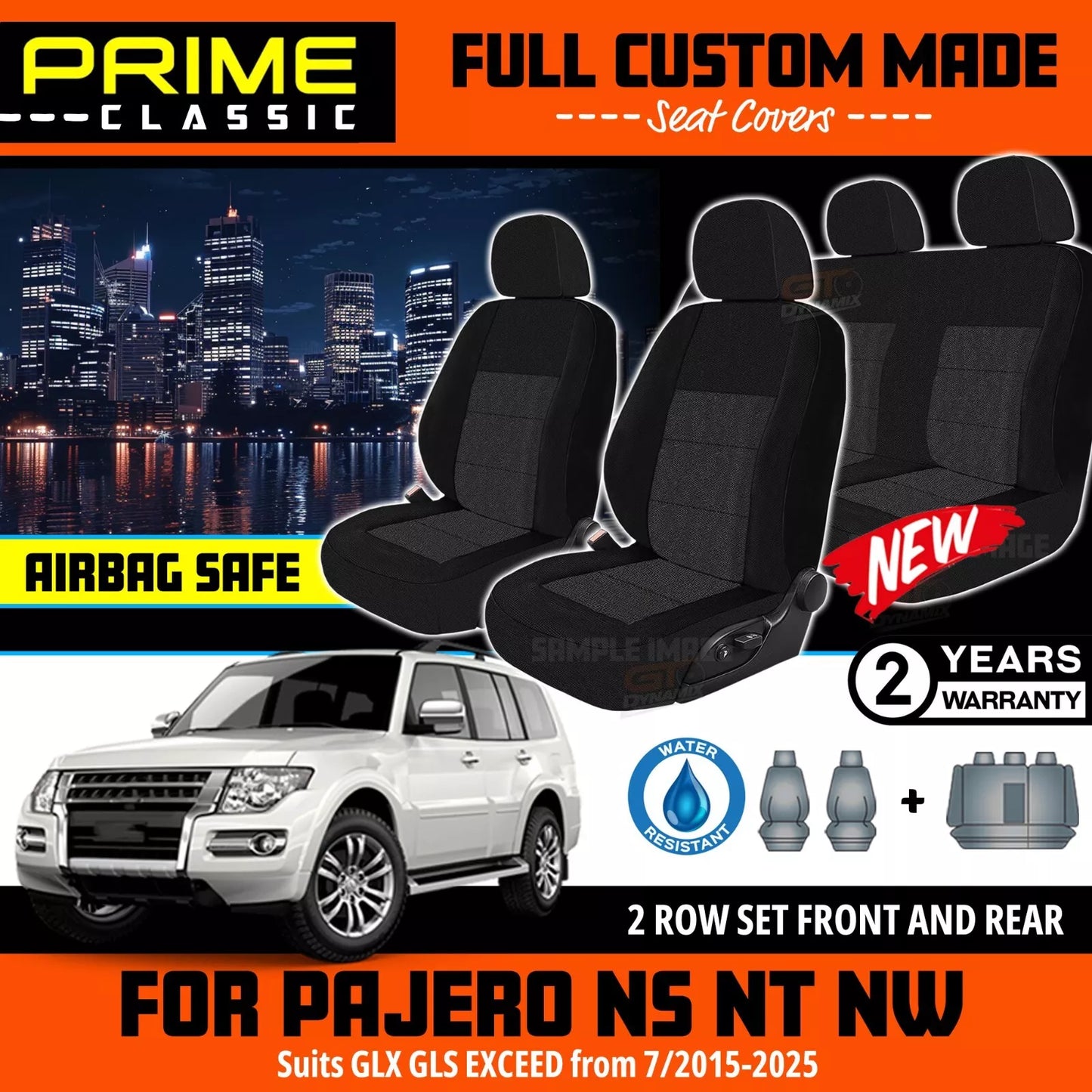 PRIME CLASSIC Seat Covers 2 Rows For Mitsubishi Pajero NS NT NW NX GLS GLX VRX 2006-2019 Black