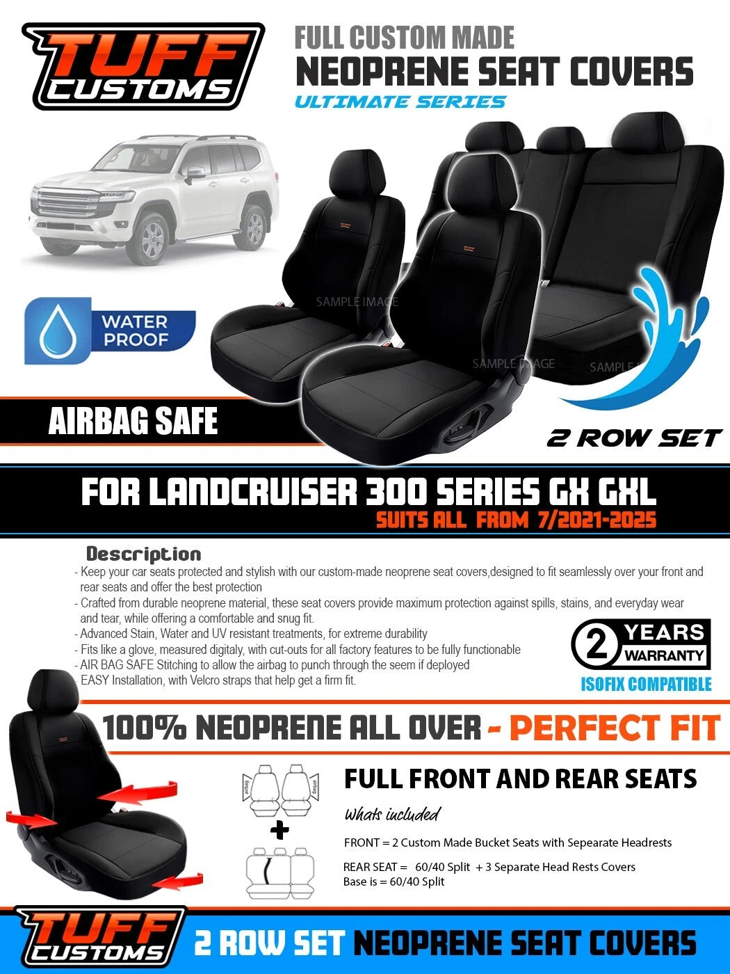 Tuff Customs Neoprene Seat Covers 2 Rows For Toyota Landcruiser 300 Series GX GXL 7/2021-2024