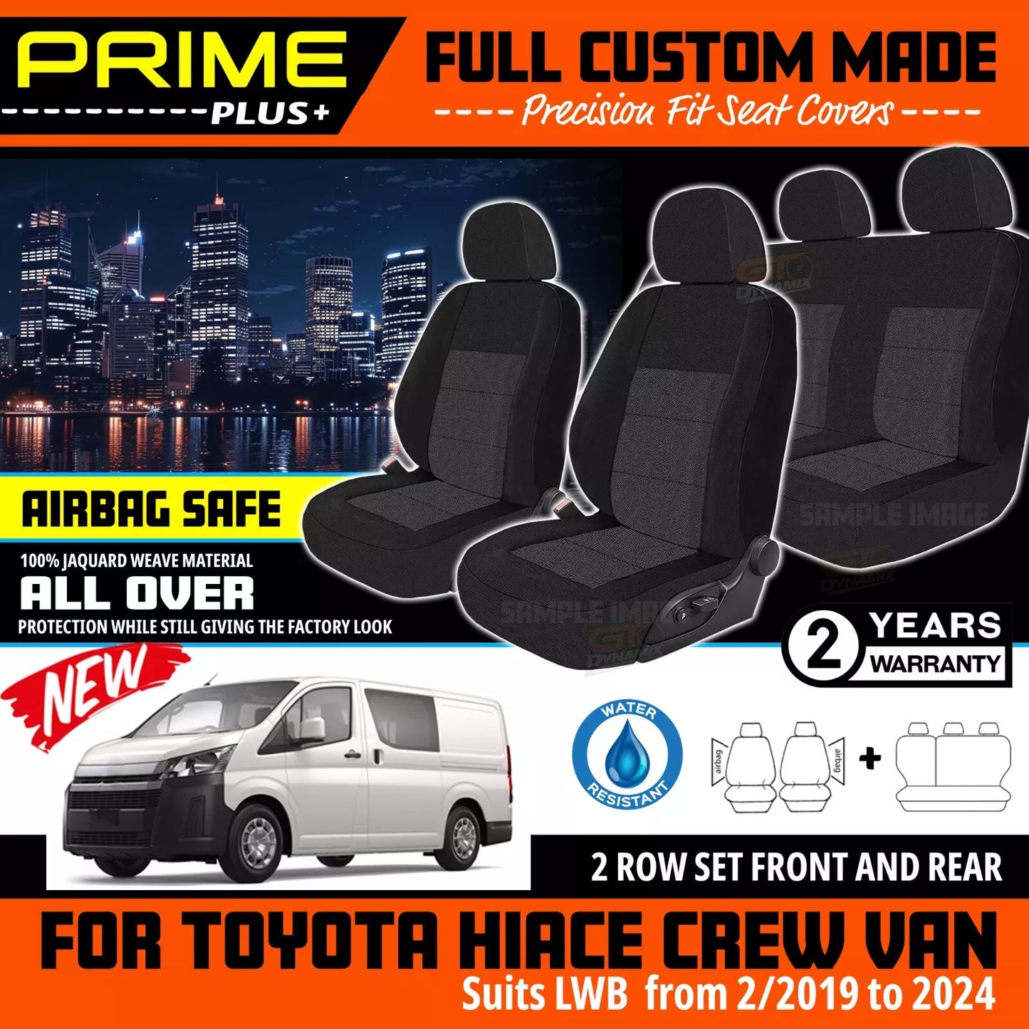 PRIME PLUS Seat Covers 2 Rows Charcoal Grey For TOYOTA HIACE CREW VAN GDH300R 2/2019-2025