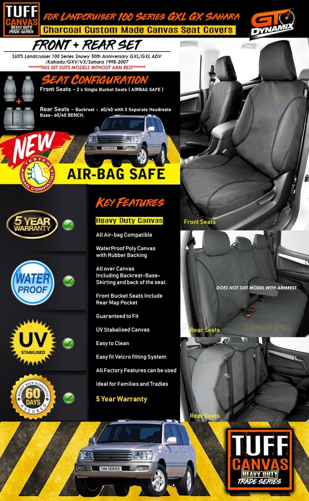 TUFF HD TRADE Canvas Seat Covers 2 Rows For Toyota Landcruiser 100 Series No Armrest 1998-2007 Charcoal