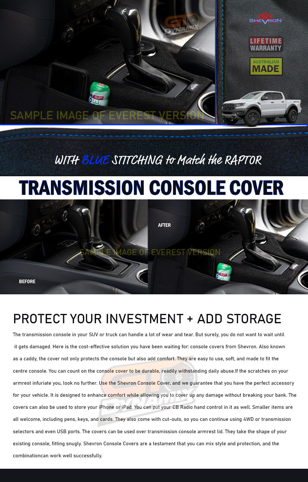 Shevron Transmission Console Cover + Blue Stitching For Ford Ranger PX2 PX3 4WD 6/2015-4/2022