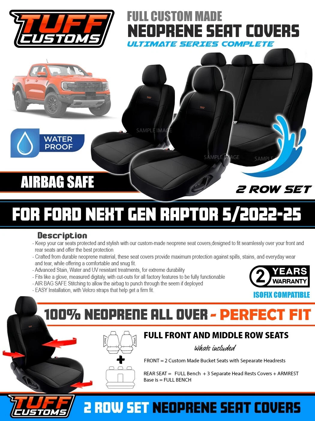 Tuff Customs Neoprene Seat Covers 2 Rows For FORD RANGER NEXT GEN RAPTOR 5/2022-2025