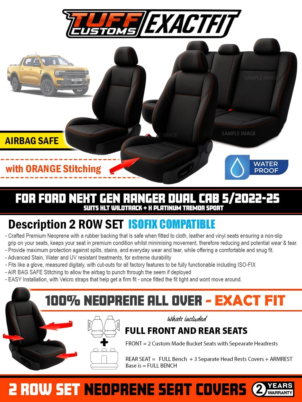 TUFF Customs EXACTFIT Neoprene Seat Covers FORD NEXT GEN Ranger Wildtrack Platinum 2022-2026 2 Rows
