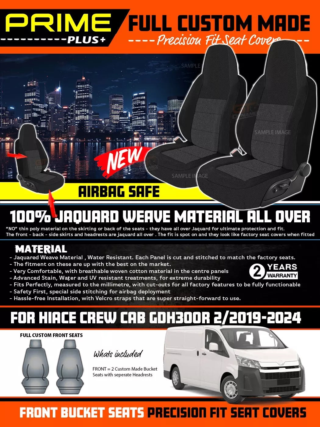 PRIME PLUS Seat Covers Front For Toyota Hiace Crew Cab GDH300R 2/2019-2024 Black