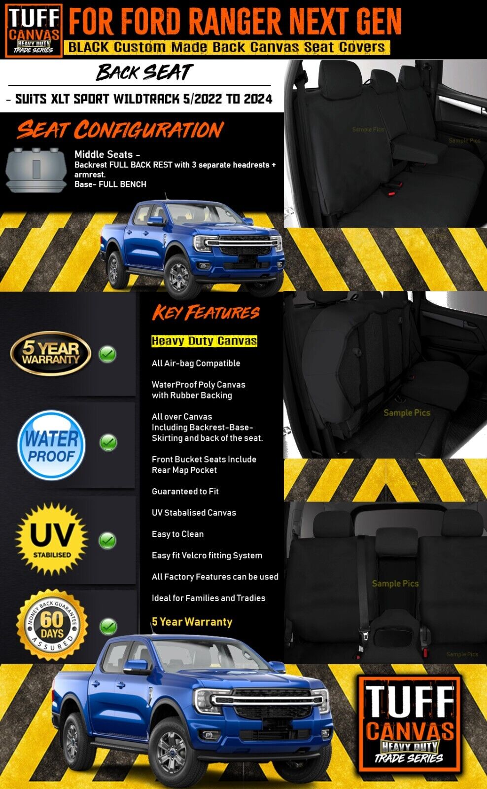 Tuff HD TRADE Canvas Seat Covers 2 Row + Dash Mat For Ford Ranger Next Gen WILDTRACK DM1652 Black