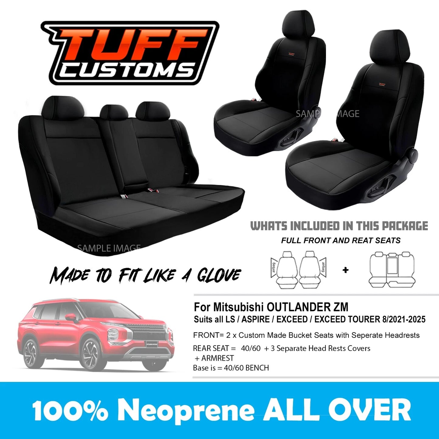 TUFF Customs Neoprene Seat Covers 2 Rows For Mitsubishi ZM Outlander LS Aspire Exceed 8/2021-2024