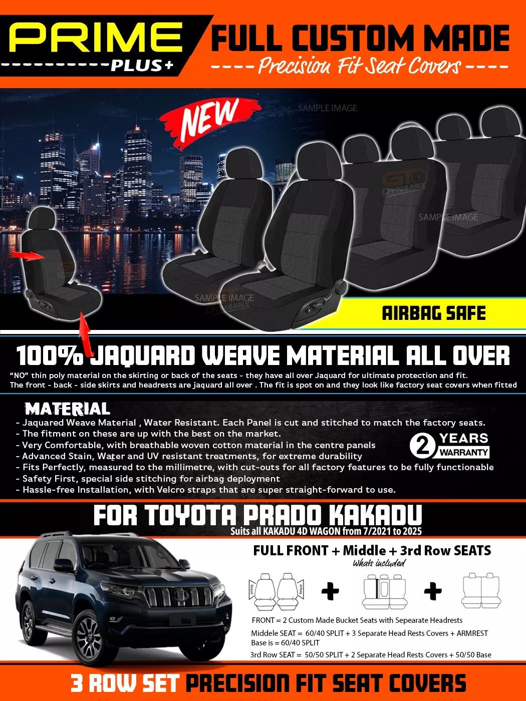 PRIME PLUS Seat Covers 3 Rows Black For Toyota Prado 150 Series Kakadu 7/2021-2025