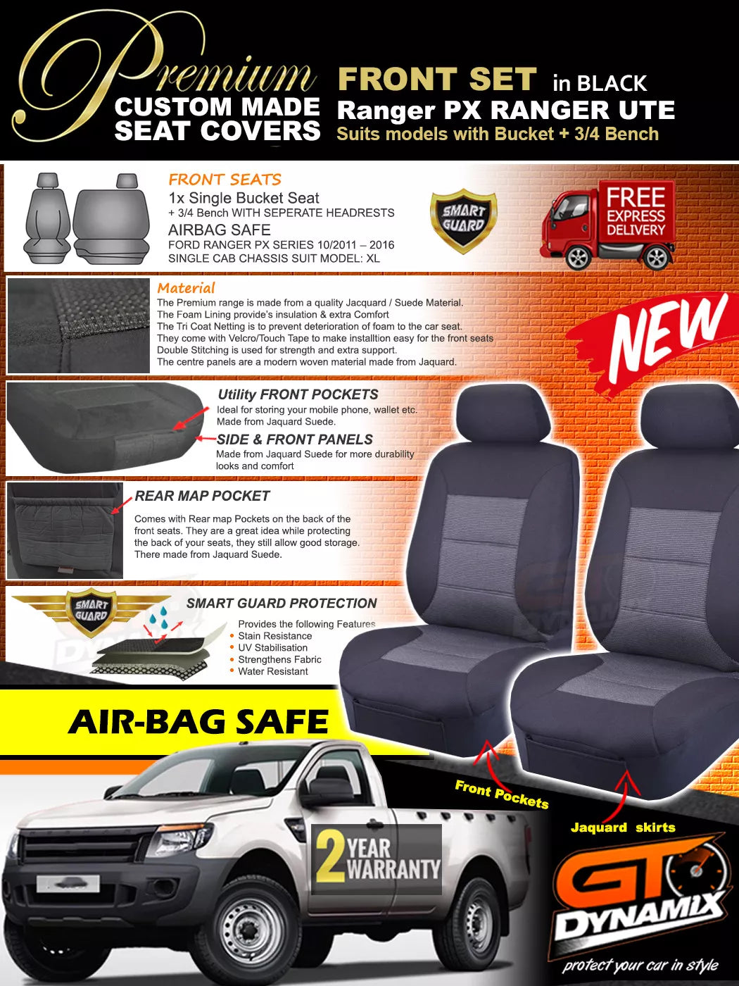 Premium Seat Covers Front Black For Ford Ranger PX MK1 Single CAB 11/2011-2015