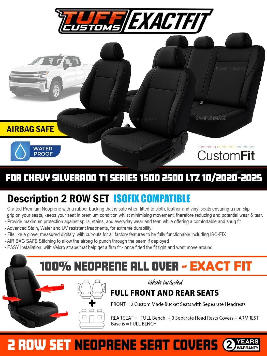 TUFF Customs EXACTFIT Neoprene Seat Covers Chevrolet Silverado T1 Series 1500 2500 2020-2025 2 Rows