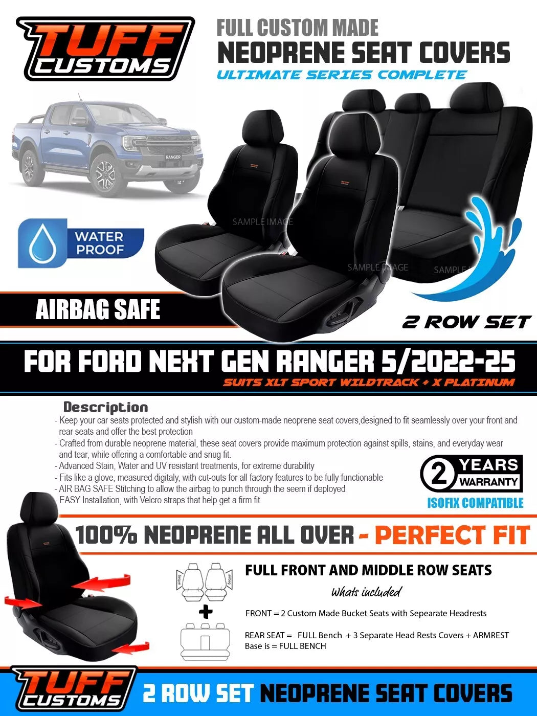 Tuff Customs Neoprene Seat Covers 2 Rows For FORD RANGER NEXT GEN XLT PLATINUM 5/2022-2025