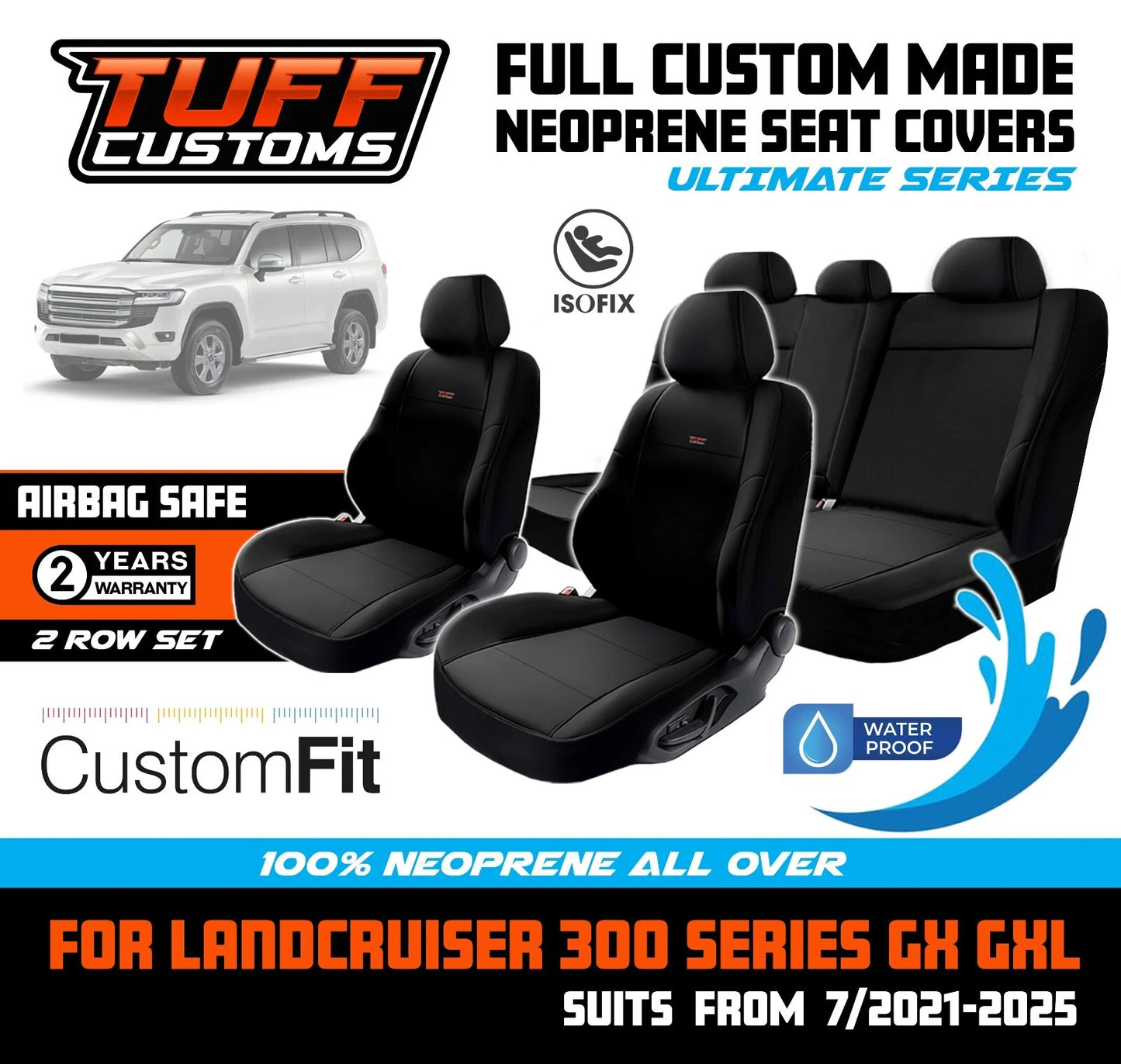 Tuff Customs Neoprene Seat Covers 2 Rows For Toyota Landcruiser 300 Series GX GXL 7/2021-2024