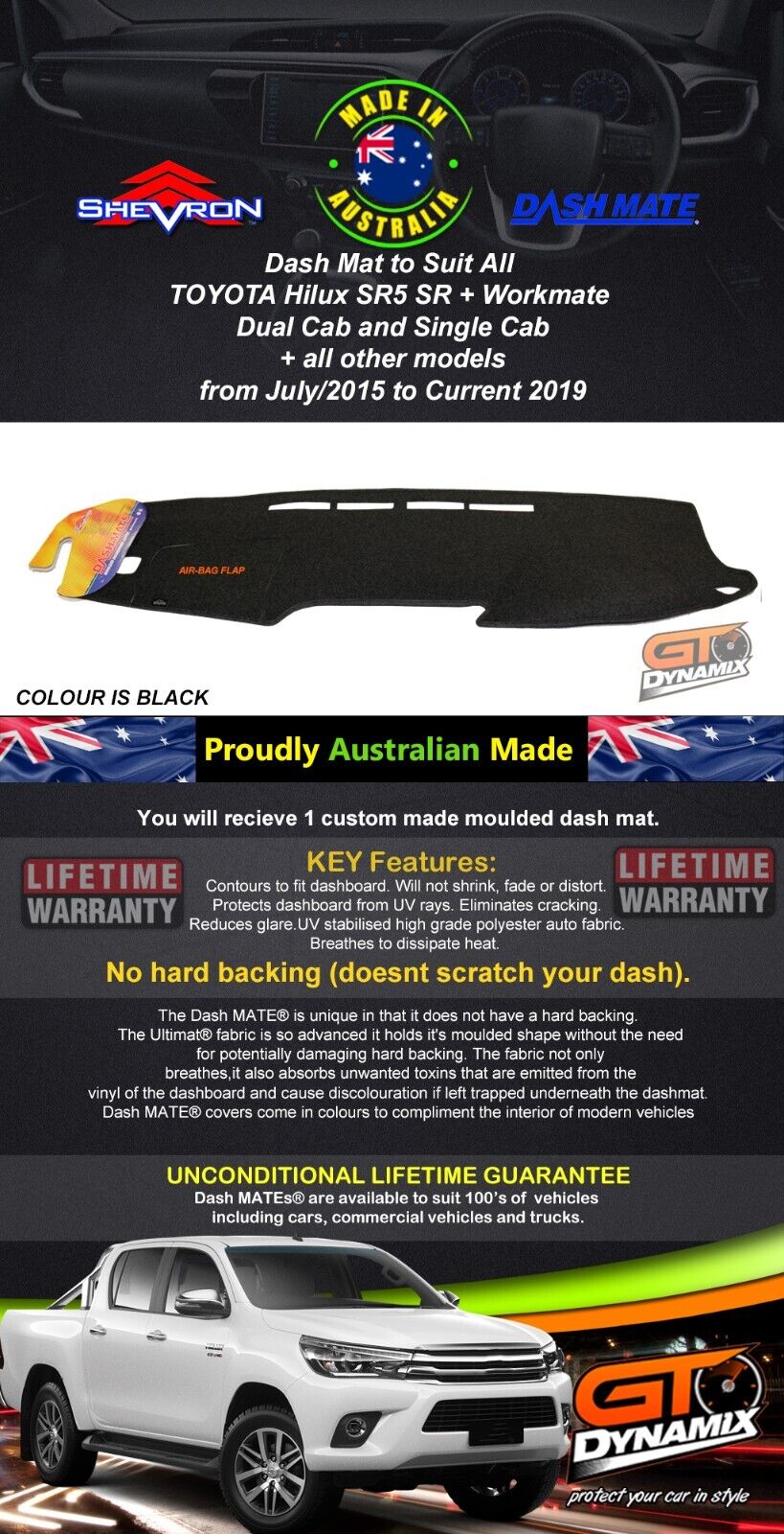Tuff HD TRADE Canvas Seat Covers 2 Row + Dash Mat For Toyota Hilux SR SR5 Rugged 2015-2024 DM1412 Black