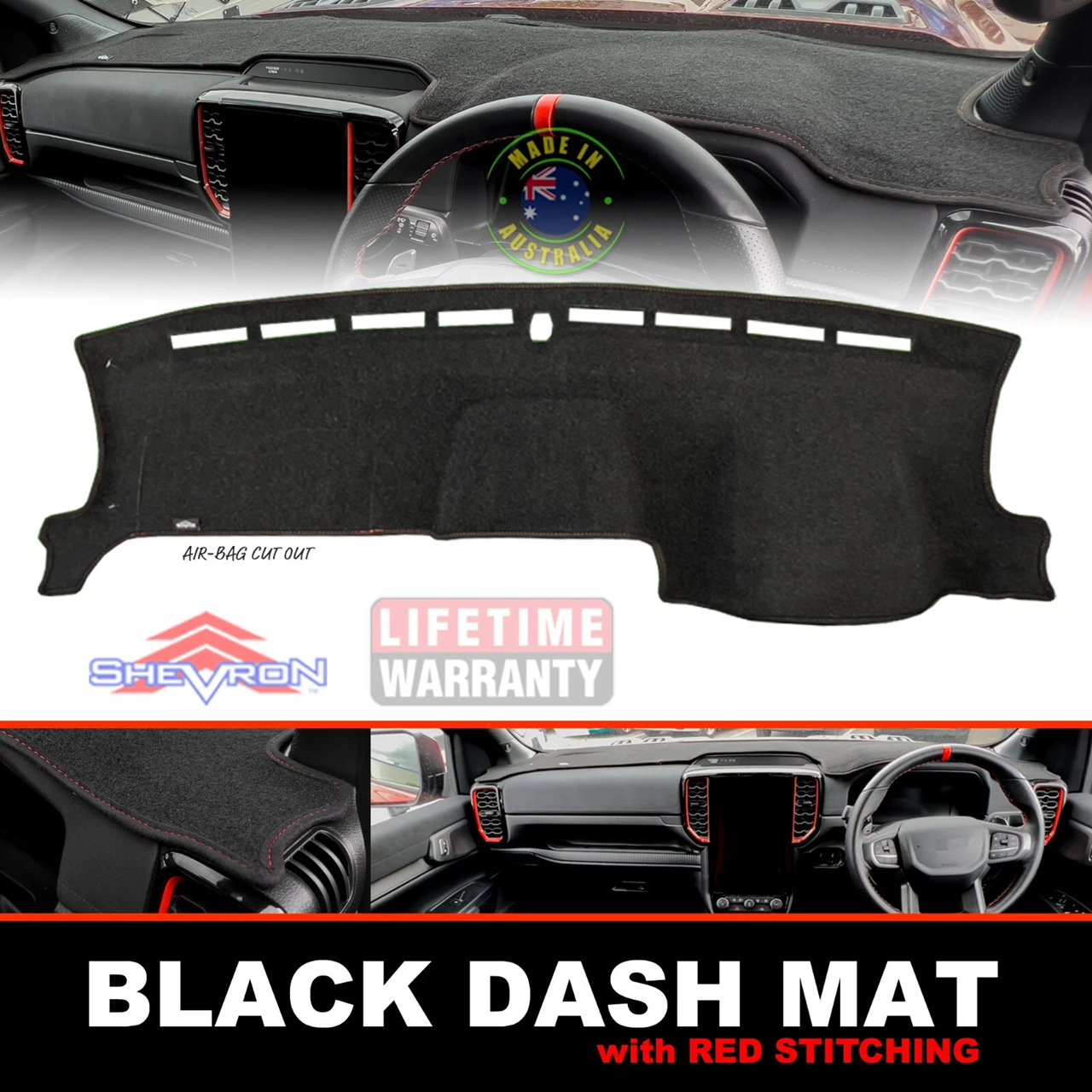 TUFF Customs EXACTFIT Neoprene Seat Covers + Shevron Dash Mat DMR1652 Red Stitching For Ford RAPTOR 2022-2025 RED Stitch