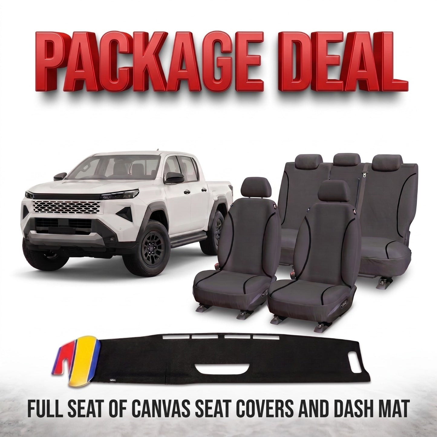 TUFF HD TRADE Canvas Seat Covers 2 Rows + Dash Mat For Toyota Hilux N90 SR SR5 8/2025-2026 DM1746 Black