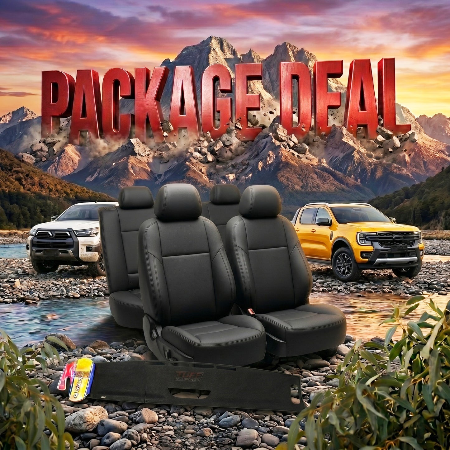 TUFF Customs 2 Rows Neoprene Seat Covers + Shevron Dash Mat DM1674 For VW Amarok Life Core 2022-2025