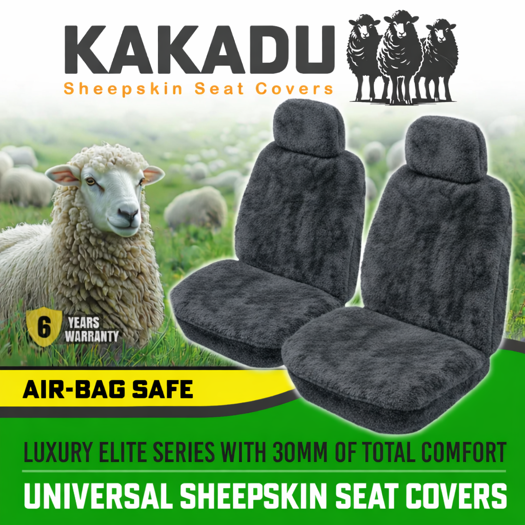 KAKADU LUXURY Universal Sheepskin Car FRONT Seat Covers Charcoal For FORD TERRITORY SZ TITANIUM 7 SEAT SERIES 1 SUV 5/2011-10/2016