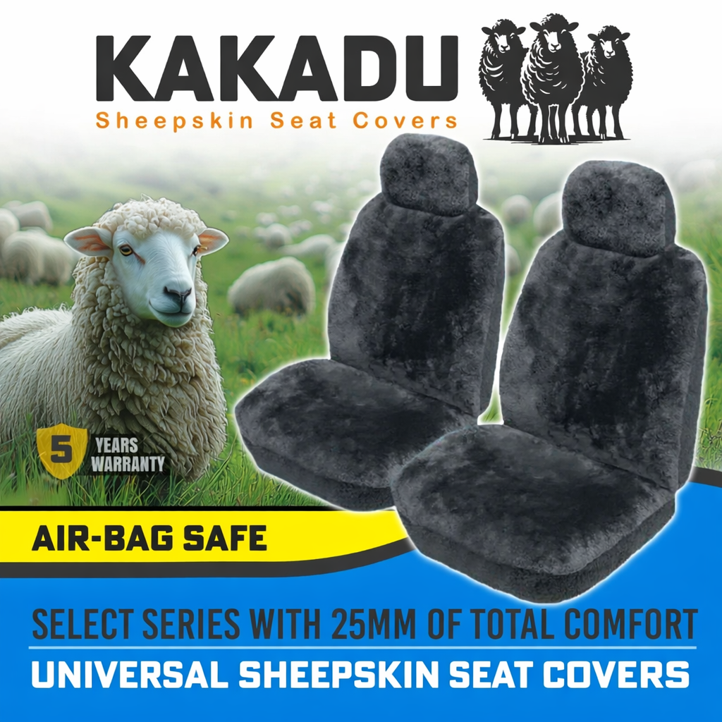 KAKADU Select Front Sheepskin Seat Covers 5 Year Warranty 25mm AIR-BAG CHARCOAL