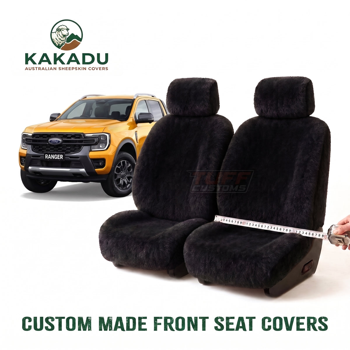 BLACK Custom KAKADU Sheepskin Seat Covers FORD RANGER NEXT GEN XL XLT XLS 2022-2026