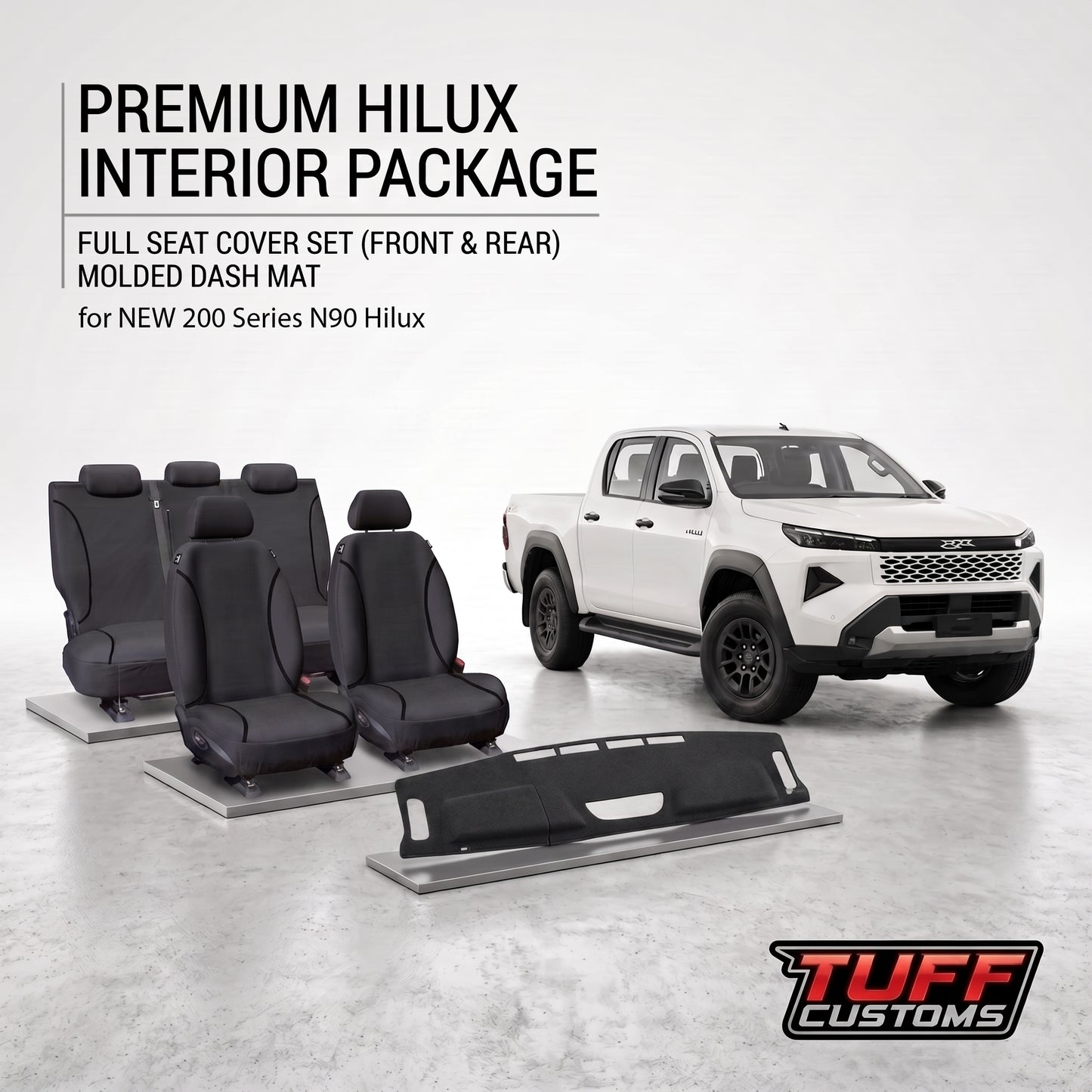 TUFF HD TRADE Canvas Seat Covers 2 Rows + Dash Mat For Toyota Hilux N90 SR SR5 8/2025-2026 DM1746 Black