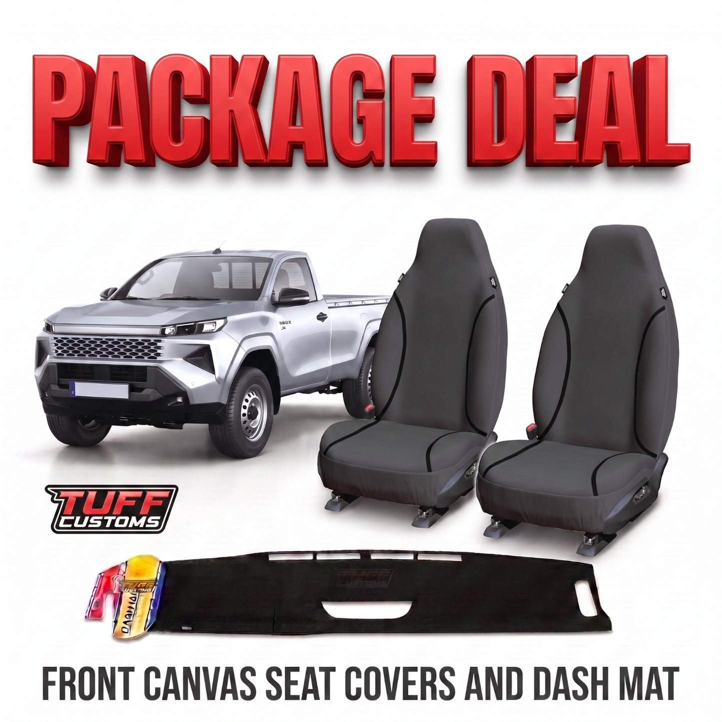 TUFF HD TRADE Canvas Seat Covers Front + Dash Mat For Toyota Hilux Single Cab Workmate 8/2025-2026 DM1746 Charcoal