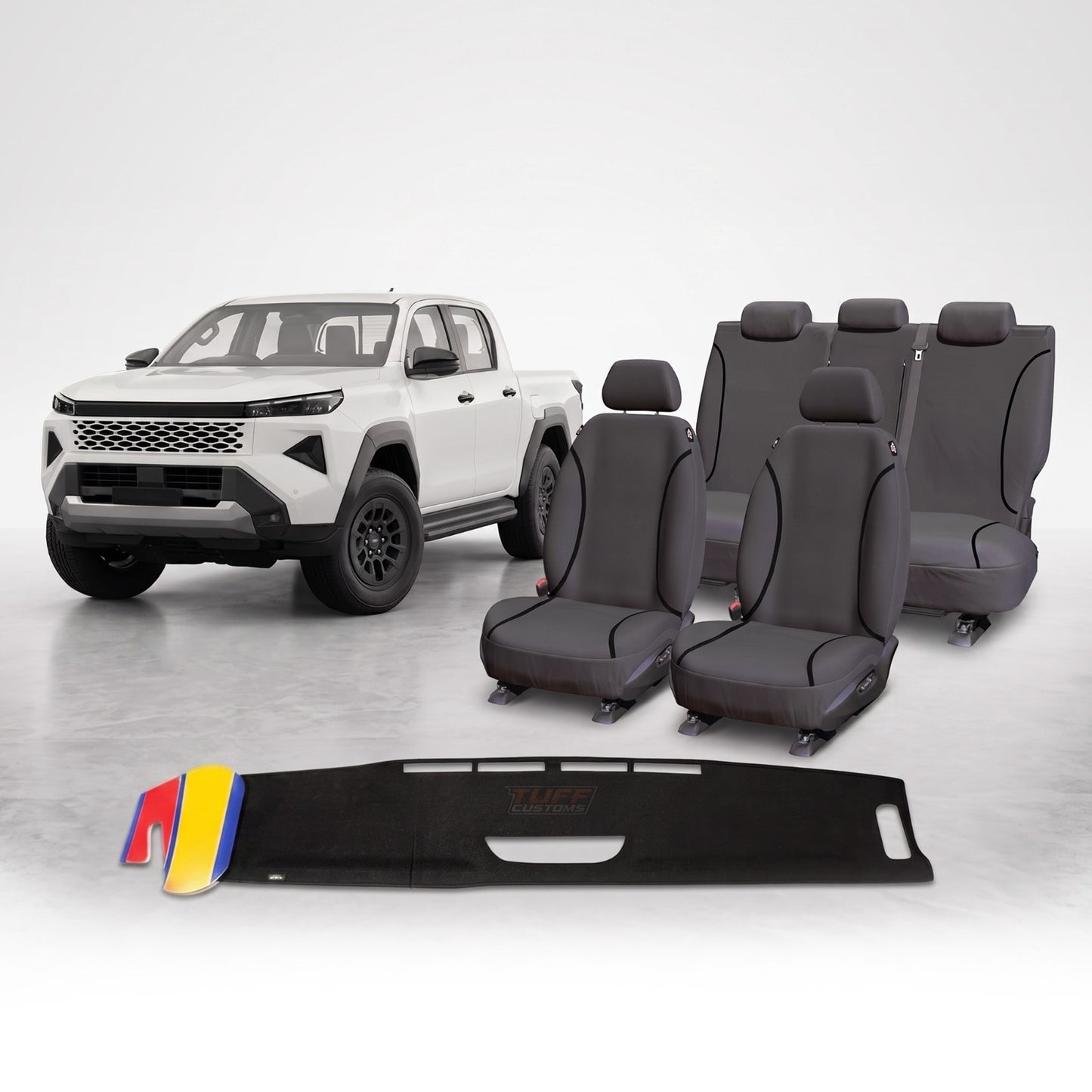 TUFF HD TRADE Canvas Seat Covers 2 Rows + Dash Mat For Toyota Hilux N90 SR SR5 8/2025-2026 DM1746 Black