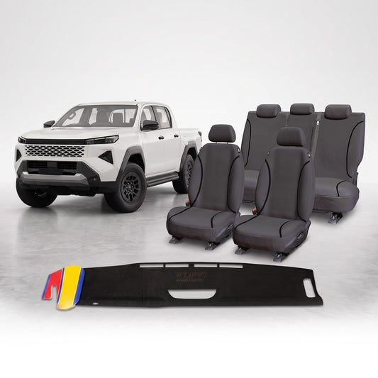 TUFF HD TRADE Canvas Seat Covers 2 Rows + Dash Mat For Toyota Hilux N90 SR SR5 8/2025-2026 DM1746 Black