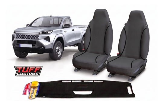TUFF HD TRADE Canvas Seat Covers Front + Dash Mat For Toyota Hilux Single Cab Workmate 8/2025-2026 DM1746 Charcoal