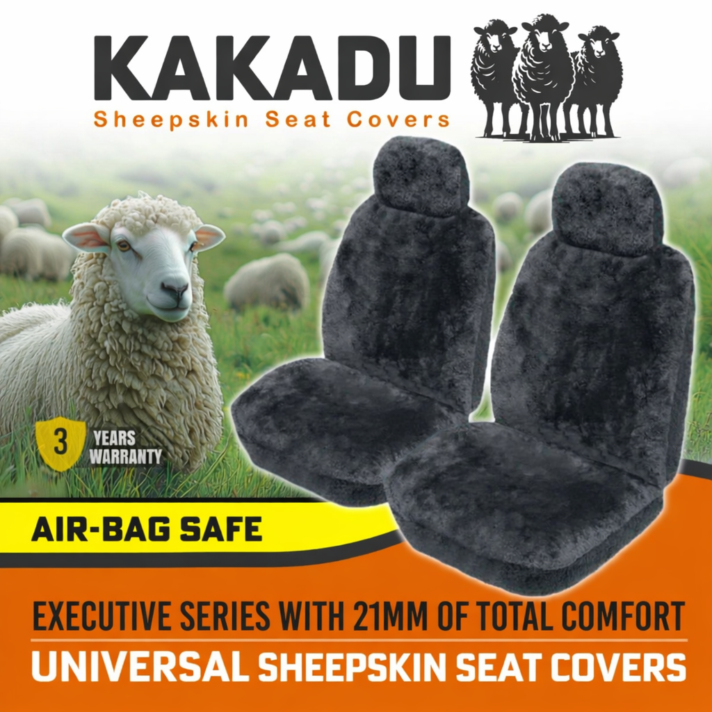 KAKADU Executive Front Sheepskin Seat Covers 3 Year Warranty 21mm AIRBAG CHARC