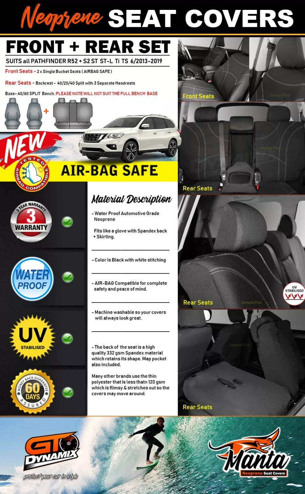 Manta Neoprene 2 Rows Seat Covers For Nissan Pathfinder R52 S2 Ti TS TL STL 2013-2021