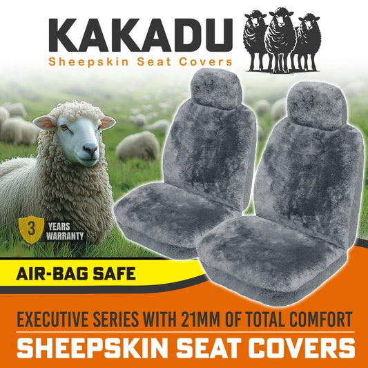 KAKADU Executive Front Sheepskin Seat Covers 3 Year Warranty 21mm AIRBAG GREY