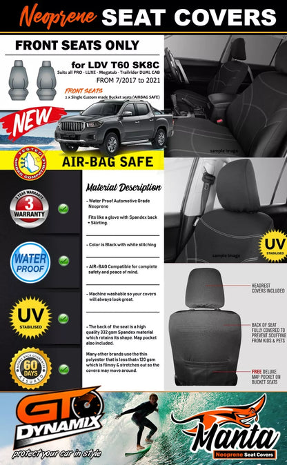 Manta Neoprene Front Seat Covers For LDV T60 SK8C Pro Trailrider Dual Cab 2017-2025