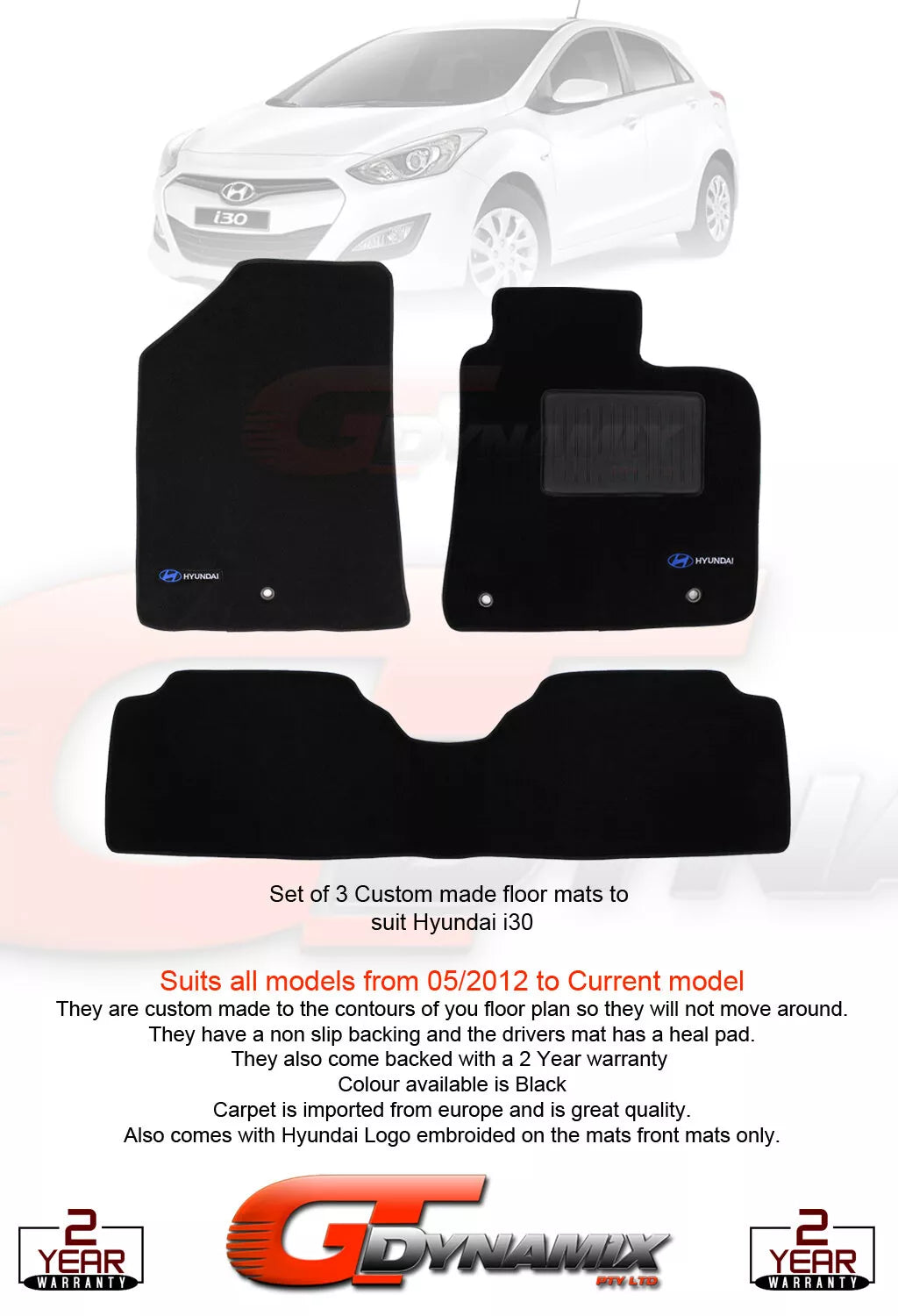 Custom Made Floor Mats 2 Rows For Hyundai i30 GD Hatch 2012-2/2017 BLACK