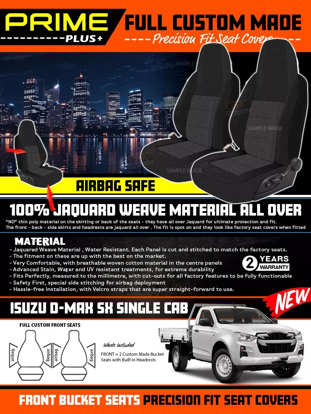 PRIME PLUS Seat Covers Front Black For Isuzu Dmax D-Max TF SX SINGLE CAB Bucket Seat 2020-2025