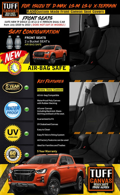 TUFF HD TRADE Canvas Seat Covers Front For Isuzu D-MAX TF X-Terrain 7/2020-2023 Black