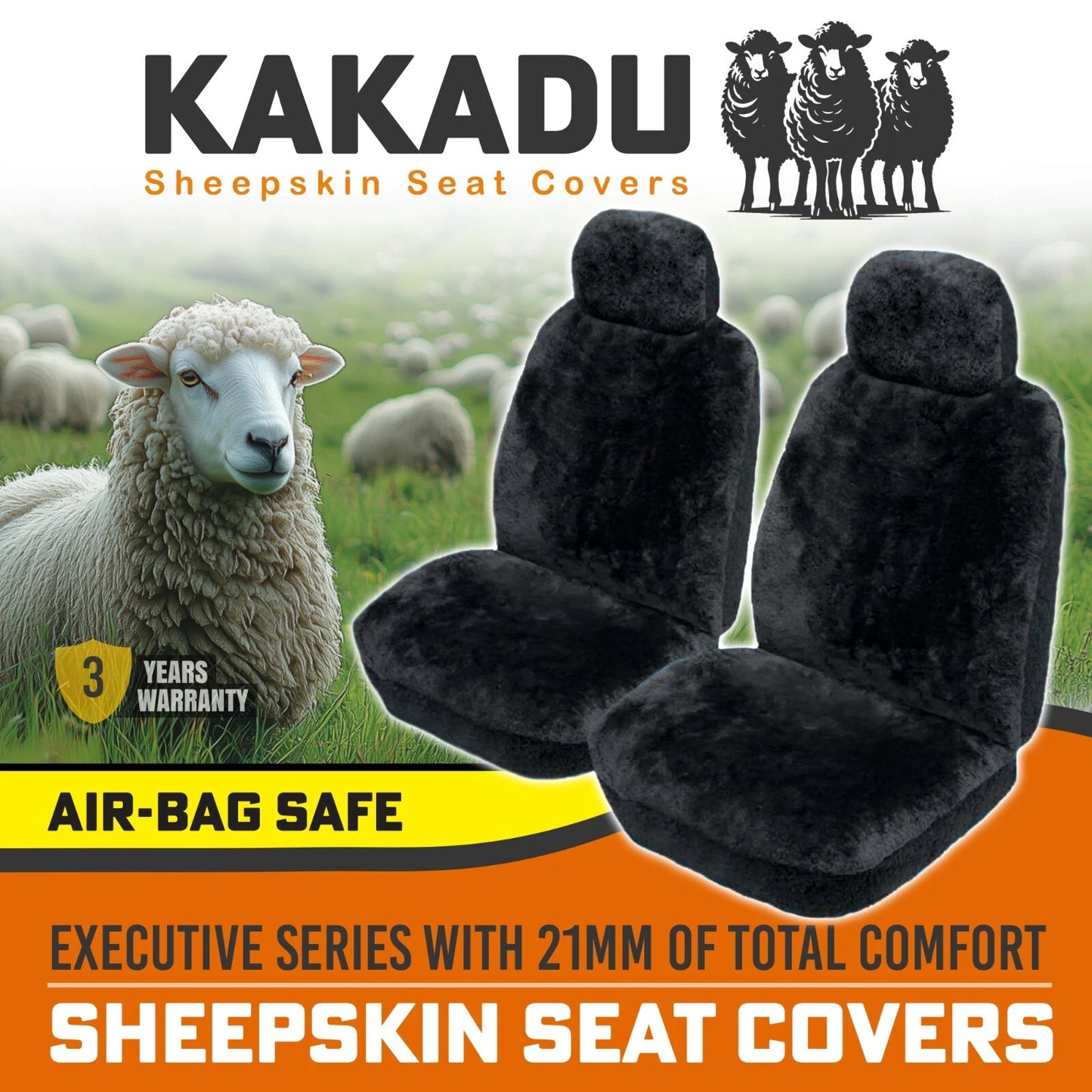 KAKADU Executive Front Sheepskin Seat Covers 3 Year Warranty 21mm AIR-BAG BLACK