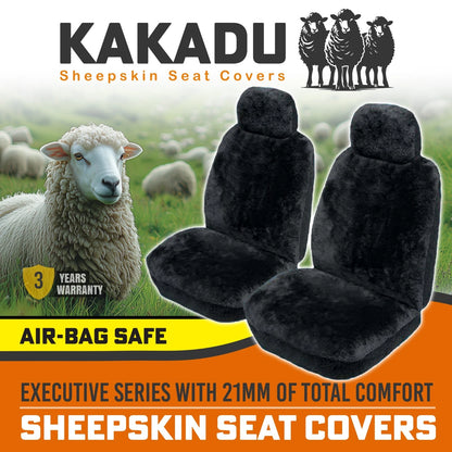KAKADU Executive Front Sheepskin Seat Covers 3 Year Warranty 21mm AIR-BAG BLACK