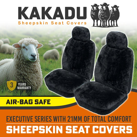 KAKADU Executive Front Sheepskin Seat Covers 3 Year Warranty 21mm AIR-BAG BLACK