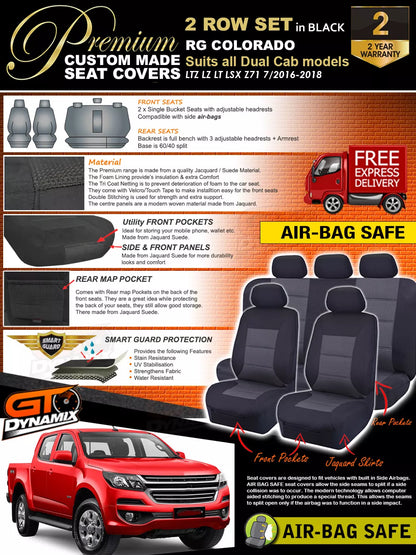 Premium Seat Covers 2 Rows Black For HOLDEN COLORADO RG Crew Cab LTZ LZ 7/2016-2020