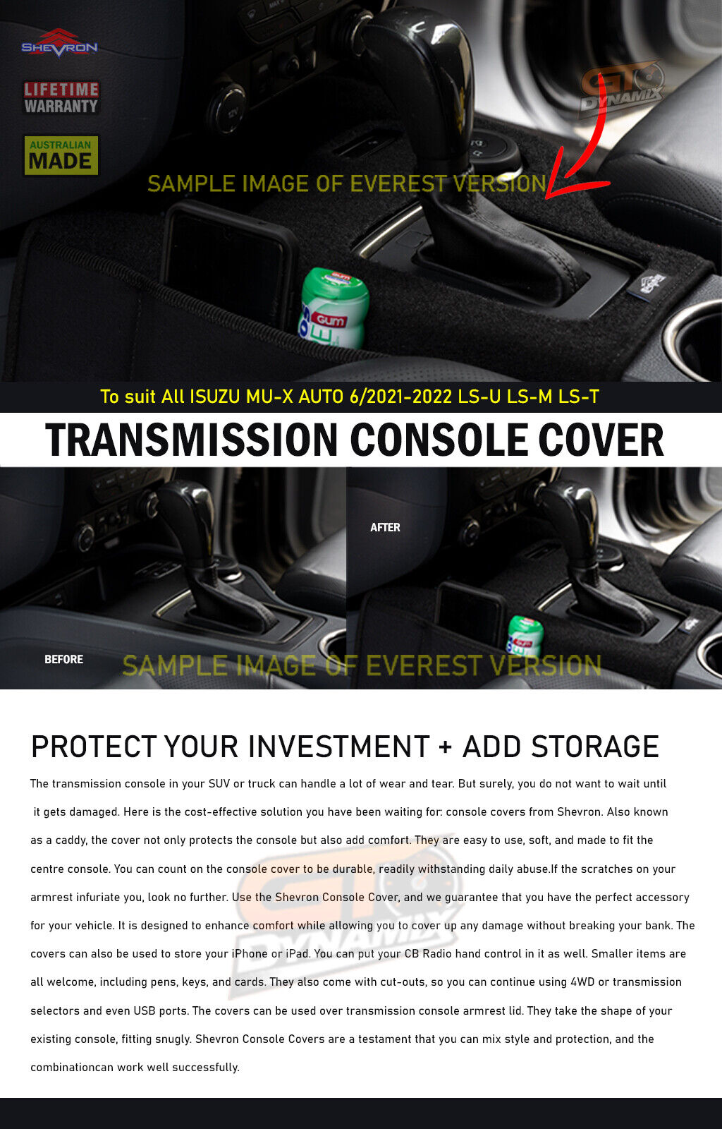 Shevron Transmission Console Cover For Isuzu MU-X LS-M LS-T LS-U 4WD w/ Wireless Charger 6/2021-2024