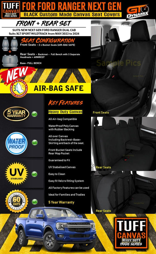 Tuff HD TRADE Canvas Seat Covers 2 Row + Dash Mat For Ford Ranger Next Gen XLT XLS DM1650 Black